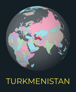 World map centered to Turkmenistan. Red country highlighted. Satellite world view centered to country with name. Vector Illustration.