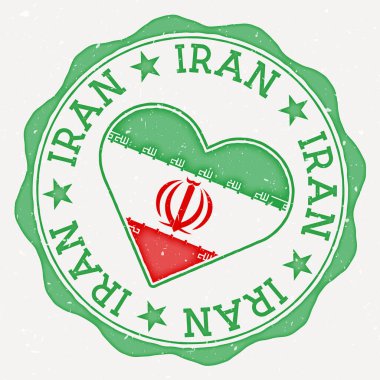 Iran heart flag logo. Country name text around Iran flag in a shape of heart. Vibrant vector illustration.