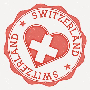 Switzerland heart flag logo. Country name text around Switzerland flag in a shape of heart. Appealing vector illustration.