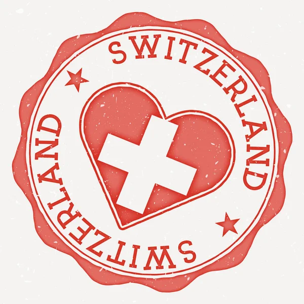 stock vector Switzerland heart flag logo. Country name text around Switzerland flag in a shape of heart. Appealing vector illustration.