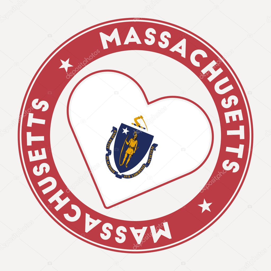Massachusetts heart flag badge. From Massachusetts with love logo. Support the us state flag stamp. Vector illustration.