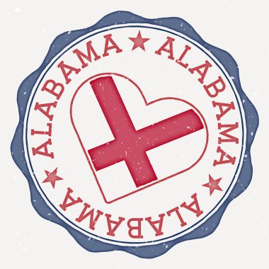 Alabama heart flag logo. Us state name text around Alabama flag in a shape of heart. Stylish vector illustration.
