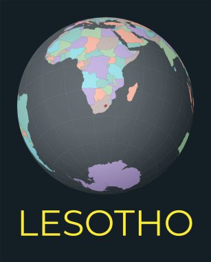 Lesotho 'ya odaklı dünya haritası. Kızıl Ülke vurgulandı. Uydu dünya görüşü isimle merkezden ülkeye. Vektör İllüstrasyonu.