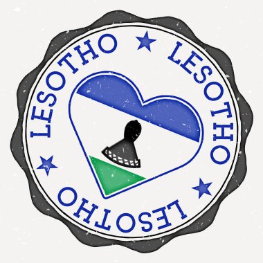 Lesotho Heart bayrak logosu. Lesotho bayrağı etrafında kalp şeklinde bir taşra ismi mesajı. Cool vektör illüstrasyonu.