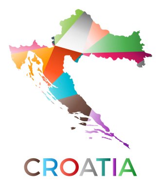 Parlak renkli Hırvatistan şekli. Çok renkli geometrik ülke logosu. Modern moda tasarımı. Büyüleyici vektör illüstrasyonu.