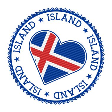 İzlanda kalp rozeti. İzlanda dilinde ülkenin ismiyle İzlanda 'nın vektör logosu. Otantik Vektör illüstrasyonu.