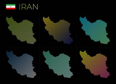 İran noktalı haritası ayarlandı. Noktalı İran haritası. Ülkenin sınırları güzel düz eğimli çemberlerle doludur. Parlak vektör illüstrasyonu.