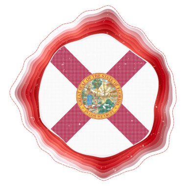 Florida bayrağı çerçevede. Amerikan devletinin rozeti. Florida bayrağının etrafında dairesel bir tabela var. Sanatsal vektör illüstrasyonu.