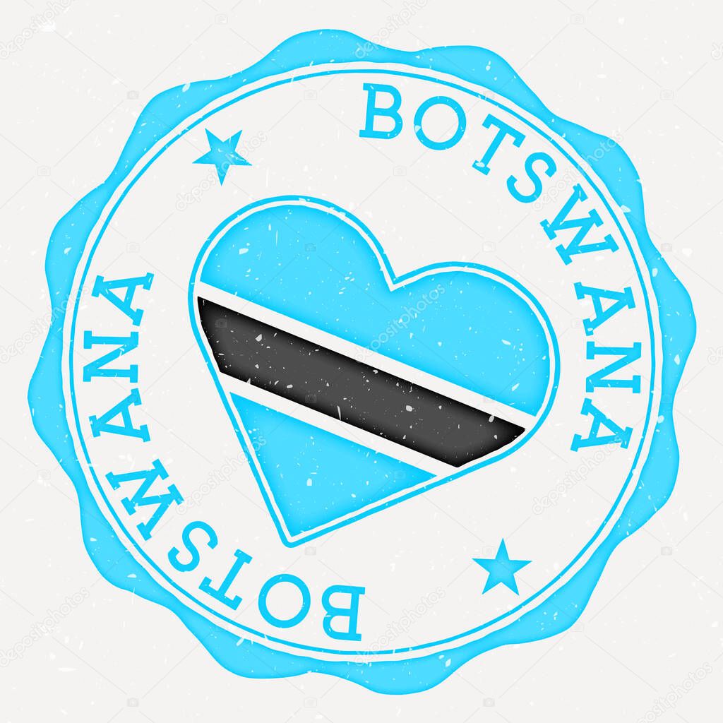 Botswana heart flag logo. Country name text around Botswana flag in a shape of heart. Trendy vector illustration.