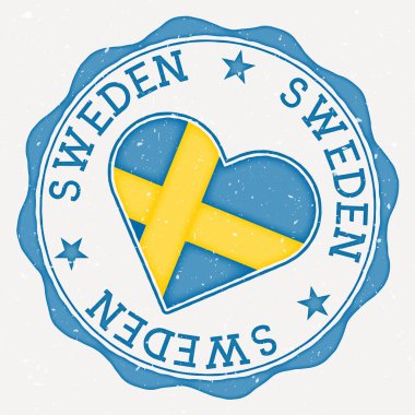 Sweden heart flag logo. Country name text around Sweden flag in a shape of heart. Amazing vector illustration.