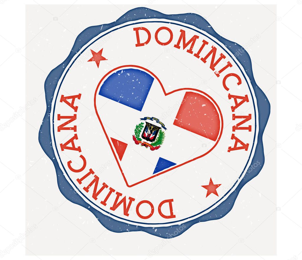 Dominicana heart flag logo. Country name text around Dominicana flag in a shape of heart. Powerful vector illustration.