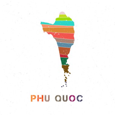 Phu Quoc map design. Shape of the island with beautiful geometric waves and grunge texture. Stylish vector illustration.
