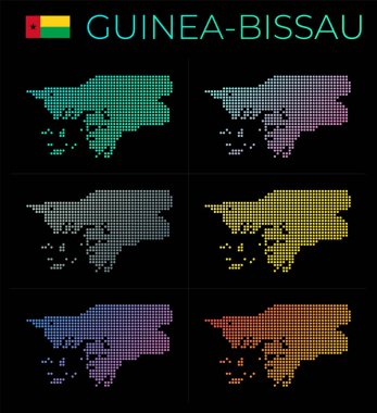 Gine-Bissau noktalı harita seti. Noktalı Gine-Bissau haritası. Ülkenin sınırları güzel düz eğimli çemberlerle doludur. Zarif vektör illüstrasyonu.