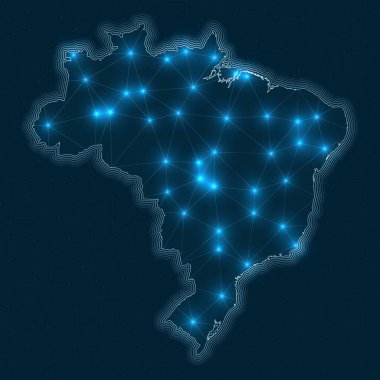 Brazil network map. Abstract geometric map of the country. Digital connections and telecommunication design. Glowing internet network. Awesome vector illustration.