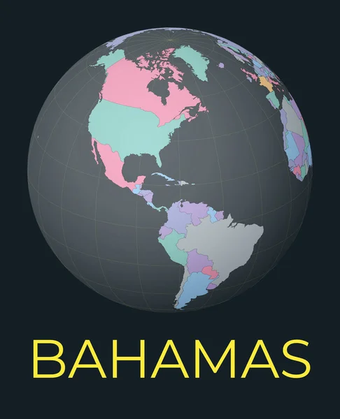 バハマを中心とした世界地図 赤い国が強調された 衛星の世界観は名前を持つ国を中心にした ベクターイラスト — ストックベクタ