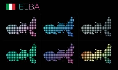 Elba dotted map set. Map of Elba in dotted style. Borders of the island filled with beautiful smooth gradient circles. Authentic vector illustration.