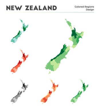 New Zealand map collection. Borders of New Zealand for your infographic. Colored country regions. Vector illustration.