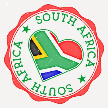 South Africa heart flag logo. Country name text around South Africa flag in a shape of heart. Neat vector illustration.