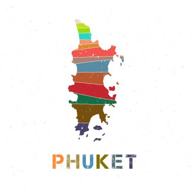 Phuket map design. Shape of the island with beautiful geometric waves and grunge texture. Superb vector illustration.