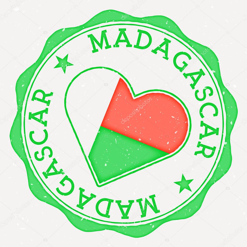 Madagascar heart flag logo. Country name text around Madagascar flag in a shape of heart. Radiant vector illustration.