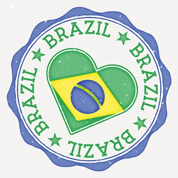 Brasilien Hjärta Flagga Logotyp Land Namn Text Runt Brasilien Flagga — Stock vektor