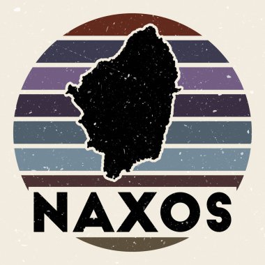 Naxos logo. Sign with the map of island and colored stripes, vector illustration. Can be used as insignia, logotype, label, sticker or badge of the Naxos.