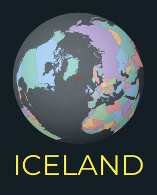 World map centered to Iceland. Red country highlighted. Satellite world view centered to country with name. Vector Illustration.