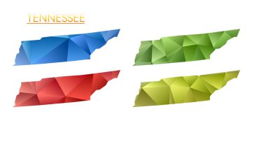 Set of vector polygonal maps of Tennessee. Bright gradient map of us state in low poly style. Multicolored Tennessee map in geometric style for your infographics. Vibrant vector illustration.