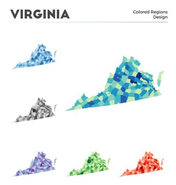 Virginia map collection. Borders of Virginia for your infographic. Colored us state regions. Vector illustration.