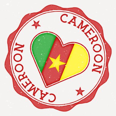 Cameroon heart flag logo. Country name text around Cameroon flag in a shape of heart. Authentic vector illustration.