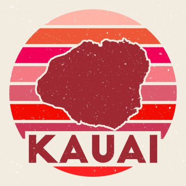 Kauai logo. Sign with the map of island and colored stripes, vector illustration. Can be used as insignia, logotype, label, sticker or badge of the Kauai.