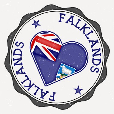 Falklands heart flag logo. Country name text around Falklands flag in a shape of heart. Artistic vector illustration.