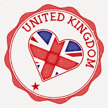United Kingdom heart flag logo. Country name text around United Kingdom flag in a shape of heart. Authentic vector illustration.