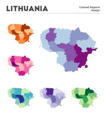 Litvanya harita koleksiyonu. Bilgi için Litvanya 'nın sınırları. Renkli bölgeler. Vektör illüstrasyonu.