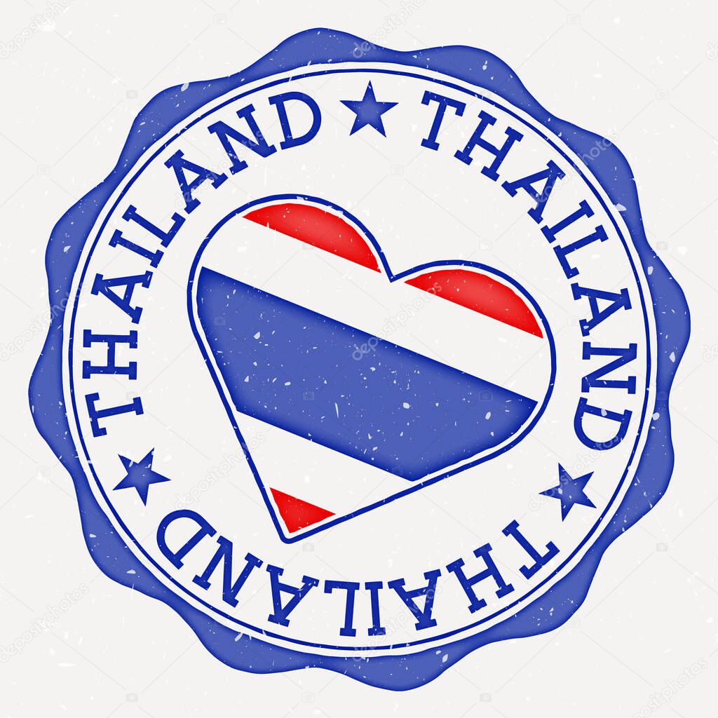 Thailand heart flag logo. Country name text around Thailand flag in a shape of heart. Attractive vector illustration.