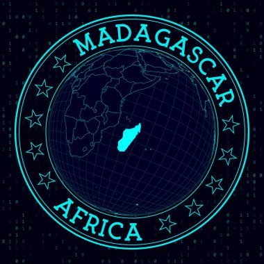 MADAGASCAR yuvarlak işareti. MADAGASCAR 'ın merkezindeki dünyanın gelecekteki uydu görüntüsü. Haritalı coğrafi rozet, yuvarlak metin ve ikili arkaplan. Düzgün vektör illüstrasyonu.