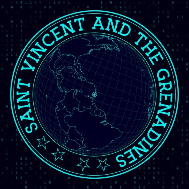 Aziz Venedik ve Yeşiller tabelası yuvarlak. Dünyanın gelecekteki uydu görüntüsü Azize Venedik ve Yeşiller 'in merkezindedir. Haritalı coğrafi rozet, yuvarlak metin ve ikili arkaplan.