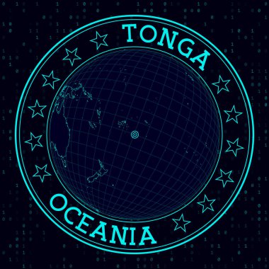 TONGA yuvarlak işareti. Dünyanın TONGA merkezli gelecekteki uydu görüntüsü. Haritalı coğrafi rozet, yuvarlak metin ve ikili arkaplan. Müthiş vektör illüstrasyonu.