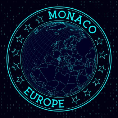 Monako yuvarlak işareti. Monako 'nun merkezindeki dünyanın gelecekteki uydu görüntüsü. Haritalı coğrafi rozet, yuvarlak metin ve ikili arkaplan. Güçlü vektör illüstrasyonu.