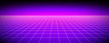 Parlak neon kablo çerçevesi arka planı. Mor parlak kareli şebeke uçakları perspektifte. Parlak geçmişe dönük fütüristik duvar kağıdı. Arcade oyunu bilim kurgu matris yüzeyi. Poster ve afiş için vektör arkaplanı