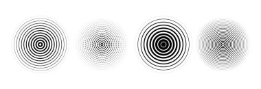 Siyah eşmerkezli daire seti. Sonar ya da ses dalgası halka koleksiyonu. Noktalı ve doğrusal merkez, hedef, radar ikonu konsepti. Radyal dalgalanma ya da titreşim elementleri. Vektör çizgisi ve yarım ton simgeleri