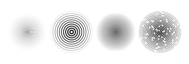 Siyah radyal daire seti. Sonar ya da ses dalgası halka koleksiyonu. Yarı ton ve doğrusal merkez, hedef, radar ikonu konsepti. Dalgalanan konsantre sinyal titreşim elementleri. Vektör benekli ve noktalı semboller