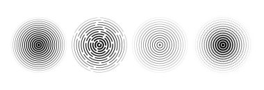 Radyal daire ayarlandı. Sonar ya da ses dalgası halka koleksiyonu. Yarı ton ve doğrusal merkez üssü, hedef, radar ikonu konsepti. Dalgalanmış konsantrik sinyal titreşim elementleri. Siyah vektör benekli ve benekli semboller