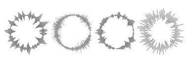 Radyal ses dalgası düzeni ayarlandı. Daire şeklinde güneş patlaması. Dairesel ses, müzik veya ses simgesi koleksiyonu. Yuvarlak dengeleyici spektrum sembol paketi. Vektör siyah dalgalı ses dalgası merkezi elementleri