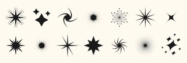 Yanıp sönen yıldızlar, kıvılcımlar ve pırıltılar. Parıldayan güneş patlaması şekilleri koleksiyonu. Tasarım şablonu, poster, afiş, broşür ve broşür için sihirli ışık paketi. Vektör simleri çizimleri