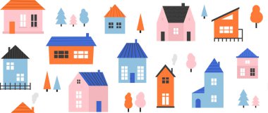 Küçük şirin, pürüzsüz bir ev. Tatlı çizgi film kasabası tekerrür eden dokusu. Minicik kulübelerin arka planında. Banliyödeki evleri ve ağaçları tekrar eden duvar kağıtları. Vektör illüstrasyonu