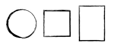 Grunge daire, kare, dikdörtgen çerçeve seti. Yuvarlak ve dikdörtgen boyalı sınır koleksiyonu. Tasarım, afiş, poster, broşür, kapak için siyah tebeşir ya da mürekkep unsurları. Vektör