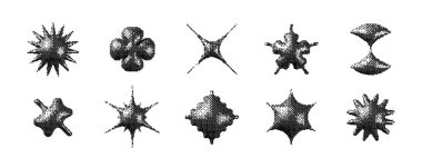 Siyah pikselli 3d Y2K şekil seti. Bitmap yıldızları, çiçekler, parıldayan element koleksiyonu. Poster, afiş, kolaj, grafik tasarım için 8 bit etiket paketi. Vektör dither geometrik nesne paketi