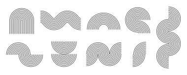 Siyah çizgi boho stili kemer ve dalga hazır. Yüzyılın ortası doğrusal eğri şekilleri koleksiyonu. Grafik tasarım şablonu, poster, afiş ve kapak için dekoratif tasarım elementleri. Vektör dalgalı ve zikzak çizgileri