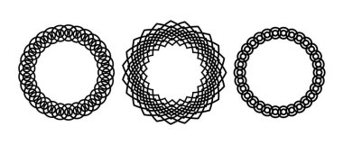 Retro düğüm daire çerçeve seti. Siyah Kelt sınır koleksiyonu. Pankart, poster, çerçeve için örgü ve ip süsü ve motif deseni. Dairesel dokuma tasarımı elementleri. Vektör paketi